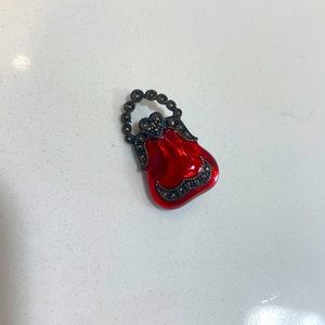 Judith Jack Small Purse Brooch Pin - Sterling Silver w/ Red Enamel & Marcasites